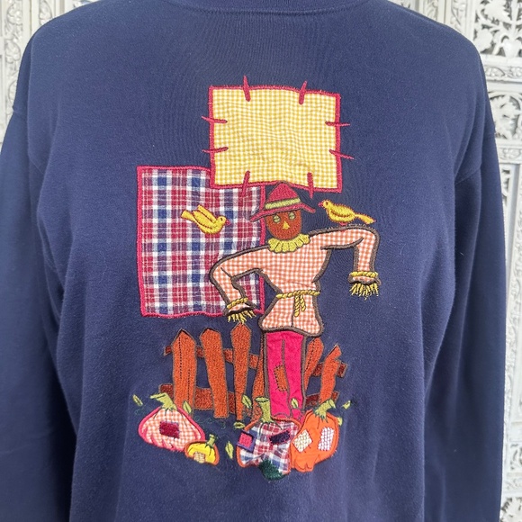 Vintage Karen Scott Navy Blue Mockneck Fall Theme Scarecrow Long Sleeve Shirt - Picture 2 of 6